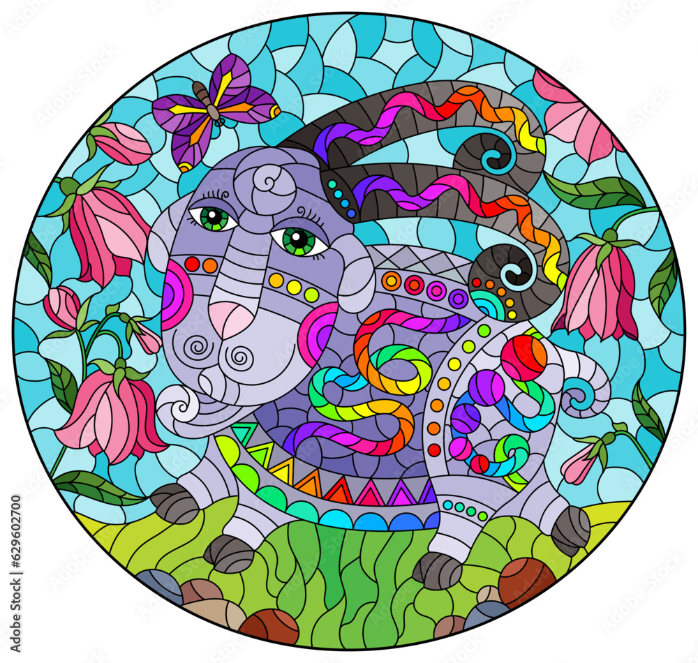 An illustration in the style of a stained glass window with a cute cartoon sheep on the background of a meadow, bell flowers and a blue sky, oval image An illustration in the style of a stained glass window with a cute cartoon sheep on the background of a meadow, bell flowers and a blue sky, oval image