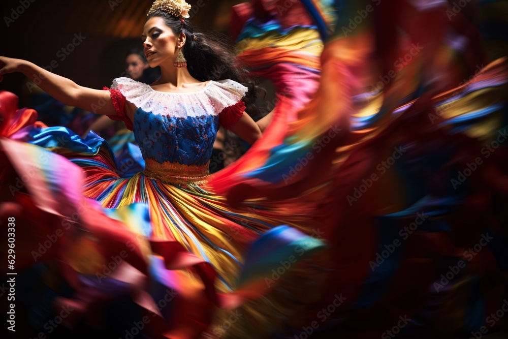 Hispanic dancers performing a traditional folk dance, their colorful costumes swirling with movement - obrazy, fototapety, plakaty 