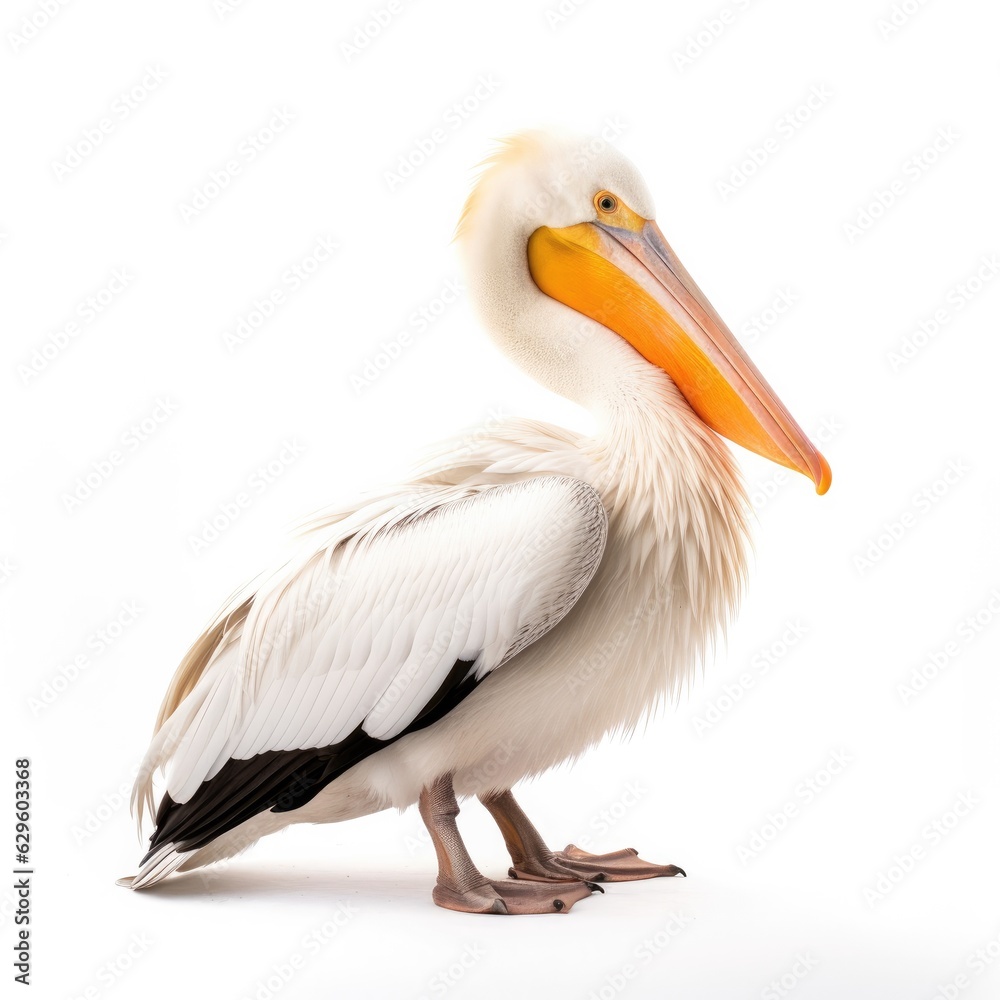 American white pelican bird isolated on white. Generative AI American white pelican bird isolated on white. Generative AI