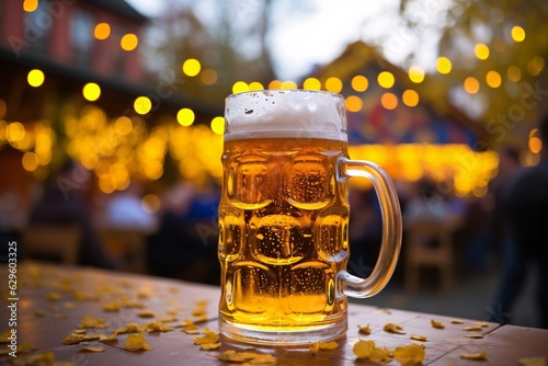 Photo close-up of a traditional German beer mug filled to the brim, set against a back