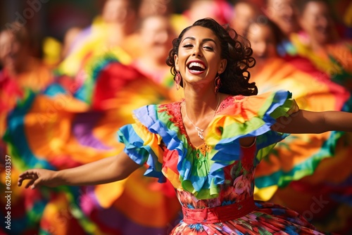 Fototapeta Hispanic dancers performing a traditional folk dance, their colorful costumes sw