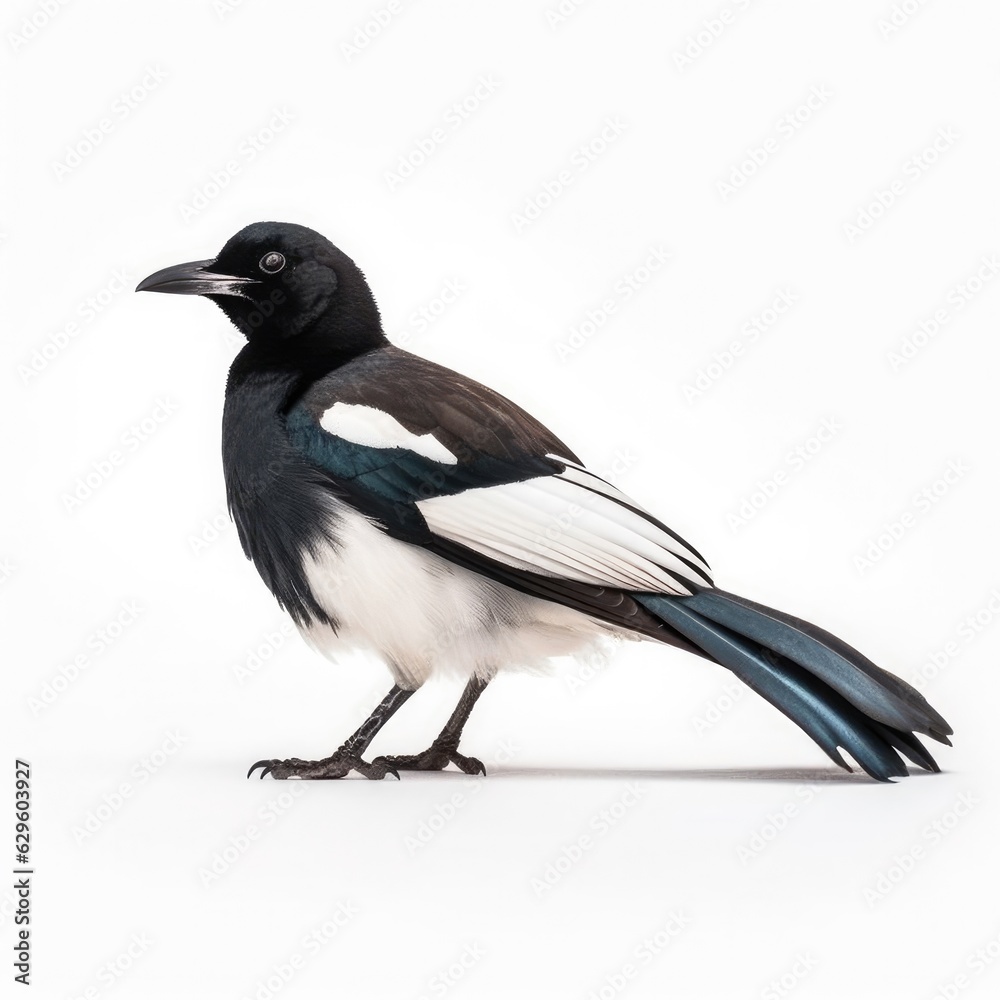 Obraz premium Black-billed magpie bird isolated on white. Generative AI