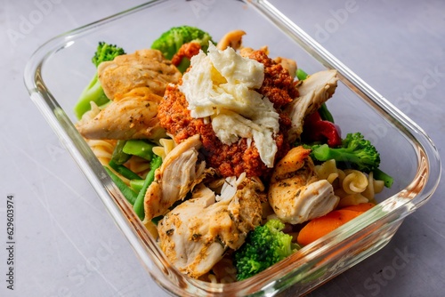 Closeup of a delicious meal consisting of chicken, broccoli, and carrots served on a plate photo