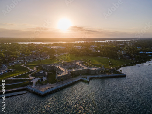 Aerial View of the Castillo de San Marcos at sunset in historic Downtown St Augustine, Florida, United States. photo