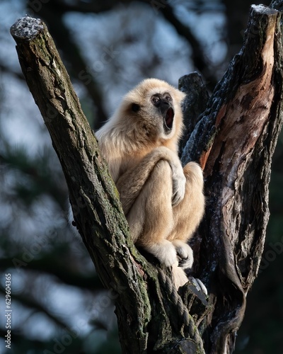 Tableau sur toile Curious gibbon monkey perched on the branches of a large tree, looking up inquis