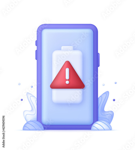 3D Battery and exclamation mark on Phone. Low battery warning.
