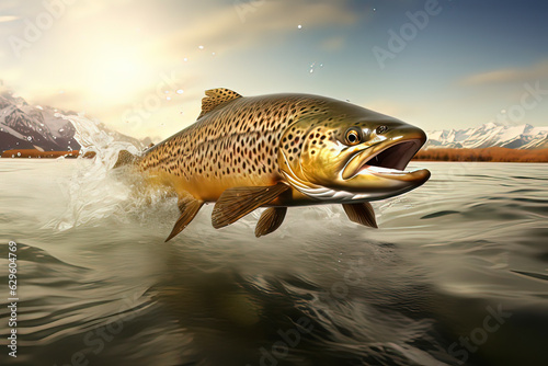 Salmon jumping in the river. AI technology generated image