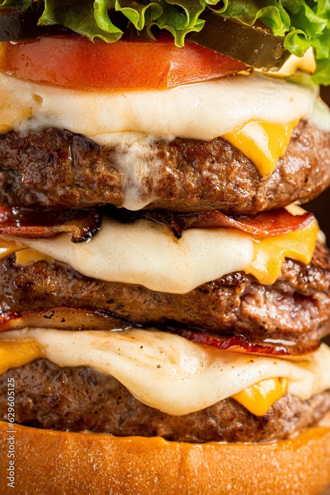 Closeup shot of a delicious hamburger with bacon, lettuce, tomato, and cheese. Closeup shot of a delicious hamburger with bacon, lettuce, tomato, and cheese.