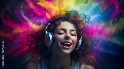 photograph of young woman with headphones listening music and singing loud