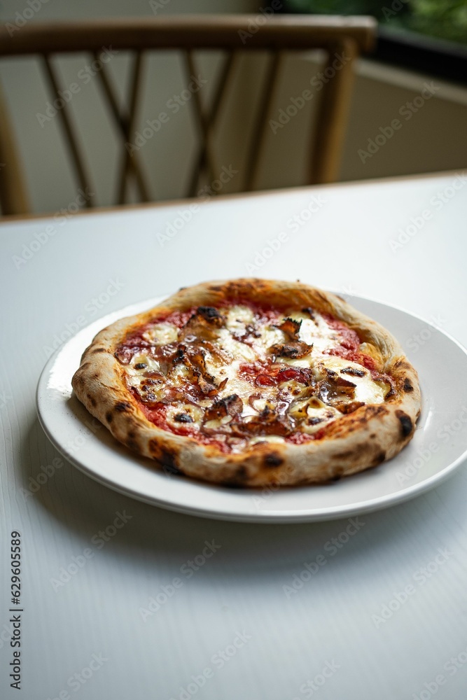 Delicious freshly-baked pizza with ham and melted cheese on a plate on the table