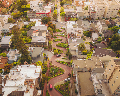 Aerial view of the famous curvy Lombard Street in San Francisco, California, United States. photo