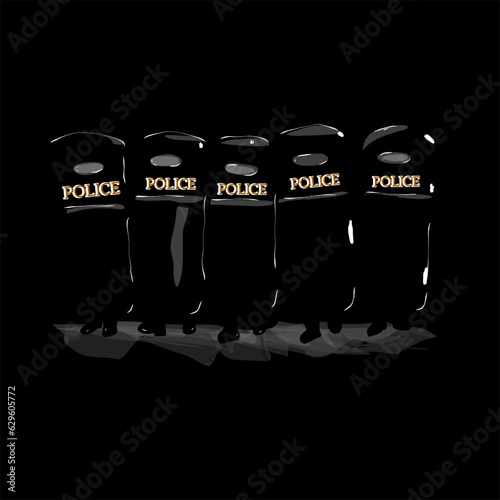 Police marching behind steel shields, hand drawn illustration