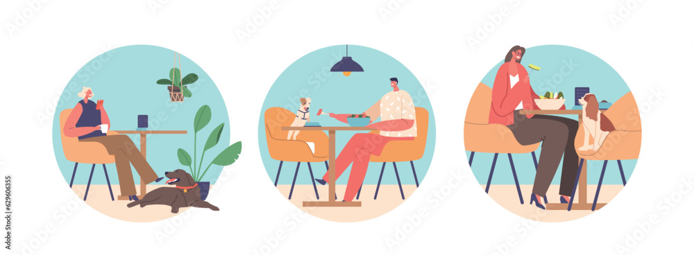 Isolated Round Icons Of Client Characters Enjoy Visiting Cafes With Their Pets, Creating A Cozy Atmosphere, Vector