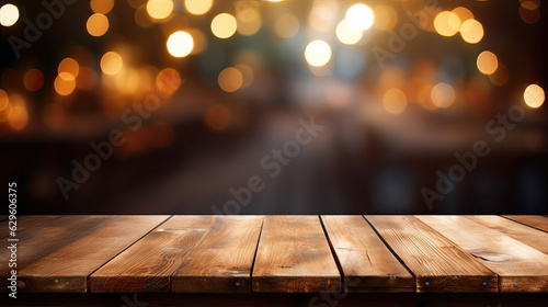 The empty wooden table top with blur background. Generative AI
