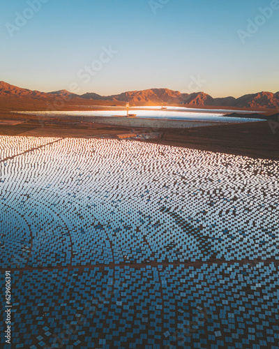 Aerial view of a concentrated solar thermal plant at sunrise, Mojave Desert, California, near Las Vegas, United States.