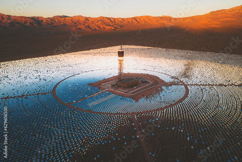 Aerial view of a concentrated solar thermal plant at sunrise, Mojave Desert, California, near Las Vegas, United States.