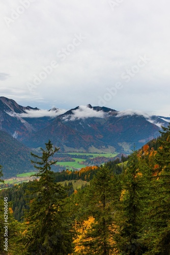 Scenic landscape of a mountain range with lush woods. Wendelstein, Bavarian Alps, Germany.