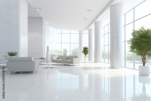 Indoor reception hall of office building. AI technology generated image