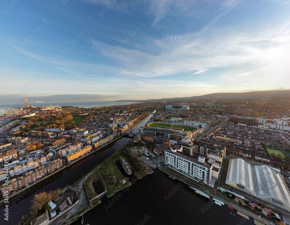 Fototapeta premium Aerial view of Dublin City with urban buildings and houses near Grand Canal