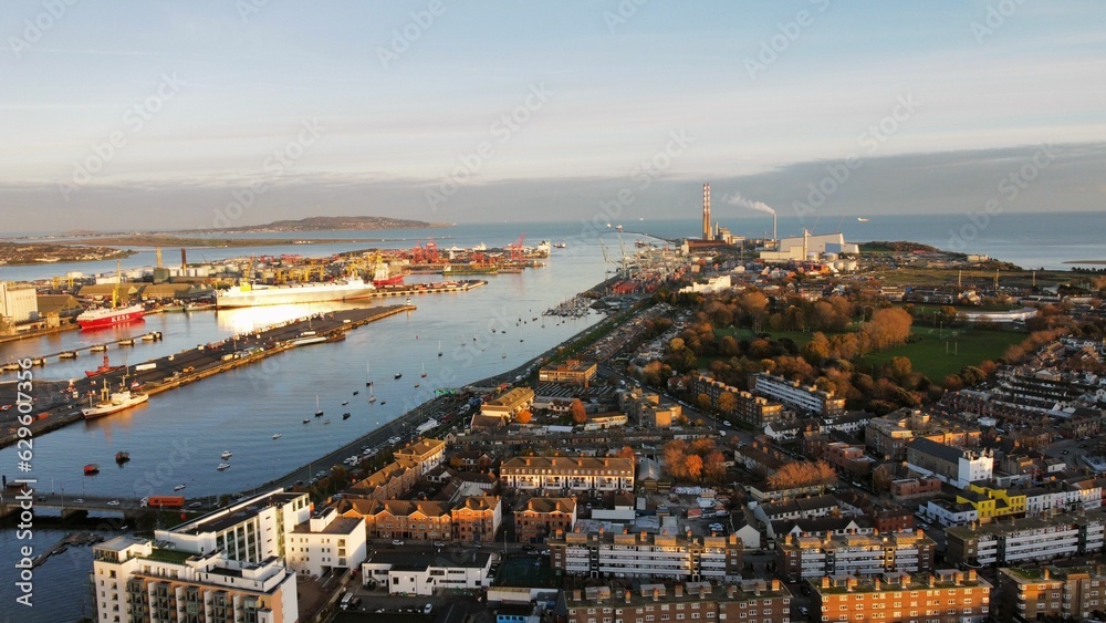Fototapeta premium Aerial view of Dublin City with urban buildings and houses near Grand Canal