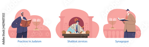 Isolated Elements With Worshippers In A Synagogue, Engage In Prayers, Readings, And Rituals Under The Guidance Of Rabbi