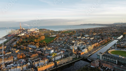 Photography Aerial view of Dublin City with urban buildings and houses near Grand Canal