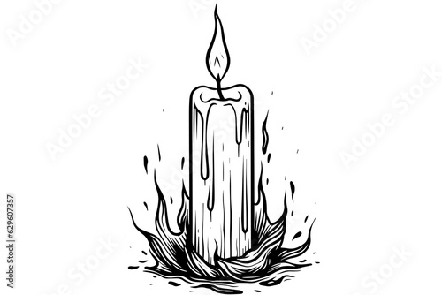 Thick christmas candles burning. Hand drawn sketch engraving style vector illustration.