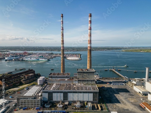 Stunning aerial view of Poolbeg towers in Dublin Port on a beautiful sunny summer day photo