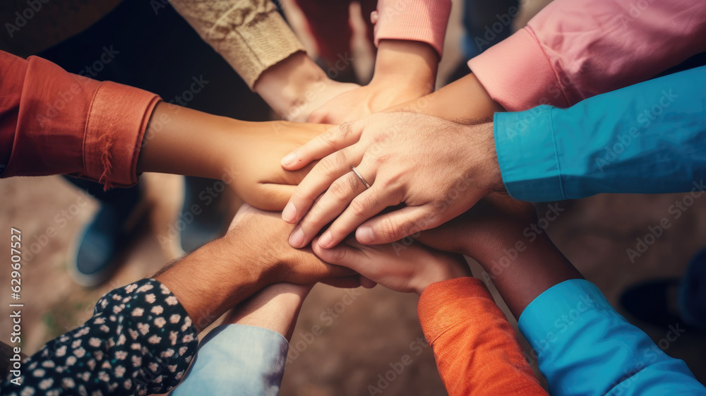 Close up top view of young people putting their hands together. Friends with stack of hands showing unity and teamwork., generative ai Close up top view of young people putting their hands together. Friends with stack of hands showing unity and teamwork., generative ai