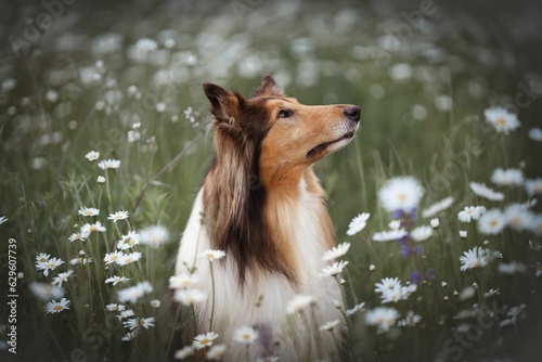 Collie dog stands in a flowery field, surrounded by an array of vibrant blooms photo