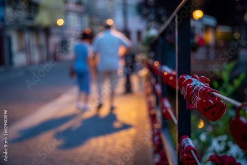 Middle-aged couple walking along a fence decorated with heart-shaped locks