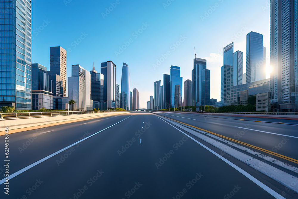 Empty highways and urban skylines. AI technology generated image