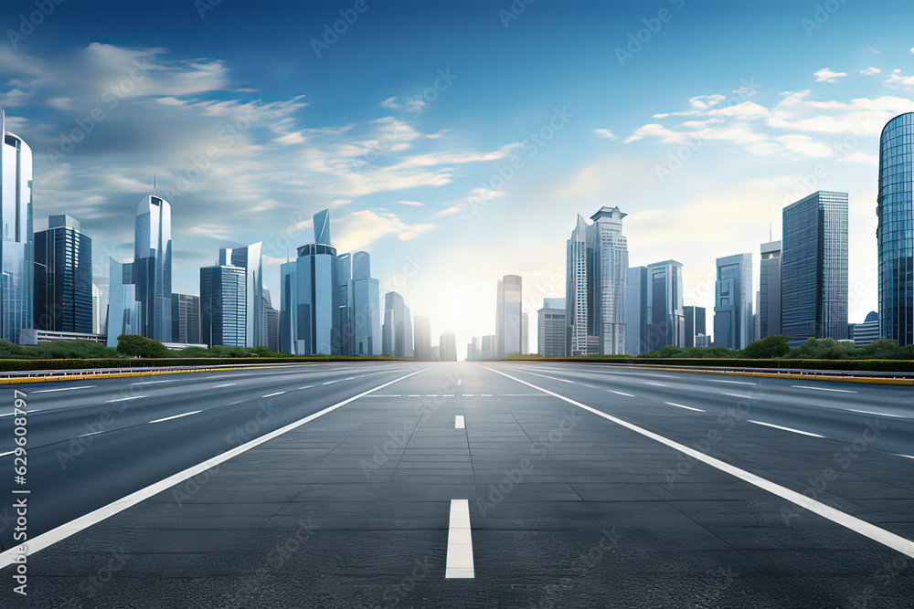 Obraz premium Empty highways and urban skylines. AI technology generated image