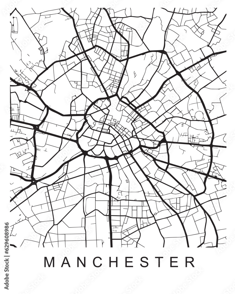 Outlined vector illustration of the map of Manchester on the white background