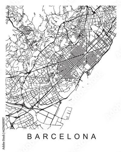Outlined vector illustration of the map of Barcelona on the white background