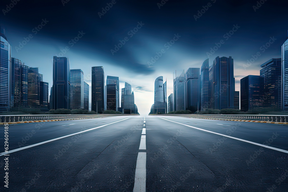 Empty highways and urban skylines. AI technology generated image