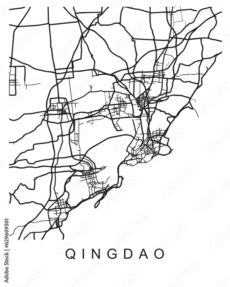 Obraz premium Vector design of the street map of Qingdao against a white background