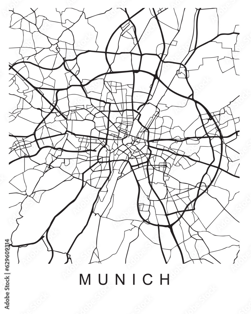 Vector design of the street map of Munich against a white background - obrazy, fototapety, plakaty 
