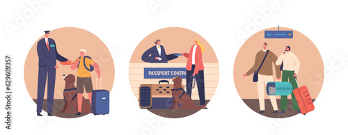 Isolated Round Icons Of Characters Crossing Border With Pets, Ensures A Smooth And Safe Journey For Both Pets And Owners