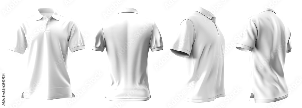 Set of white front, back and side view collar polo tee shirt on ...