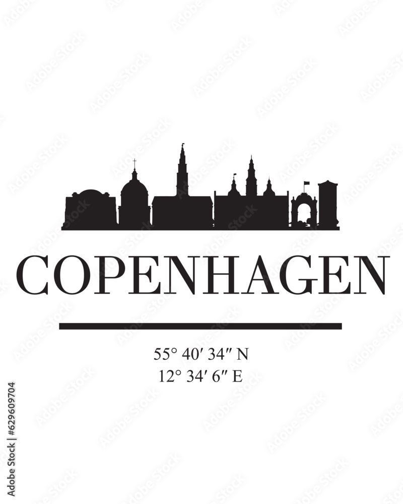 Editable vector illustration of the city of Copenhagen with the remarkable buildings of the city