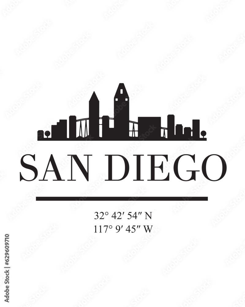 Editable vector illustration of the city of San Diego with the remarkable buildings of the city