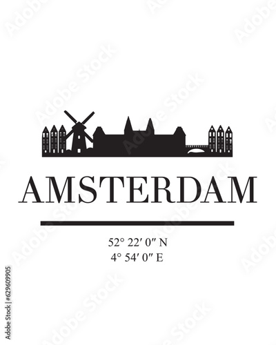 Editable vector illustration of the city of Amsterdam with the remarkable buildings of the city