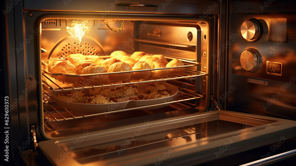 a countertop convection oven, baking a batch of perfectly golden pastries. The image emphasizes the oven's even cooking and energy-efficient capabilities a countertop convection oven, baking a batch of perfectly golden pastries. The image emphasizes the oven's even cooking and energy-efficient capabilities