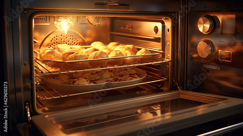 a countertop convection oven, baking a batch of perfectly golden pastries. The image emphasizes the oven's even cooking and energy-efficient capabilities