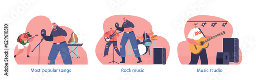 Isolated Elements With Rock Group Characters Performing Concert On Stage. Electric Guitarists, Drummer, Singer