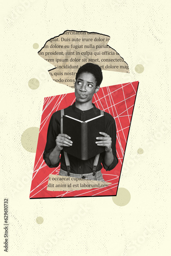 Vertical collage image of black white effect minded person hold read opened book page text isolated on drawing background