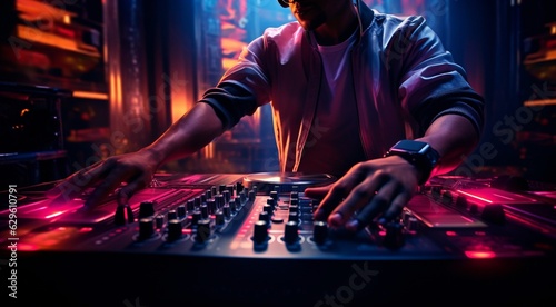 dj in action, dj at work, dj is mixin music, close-up of dj photo