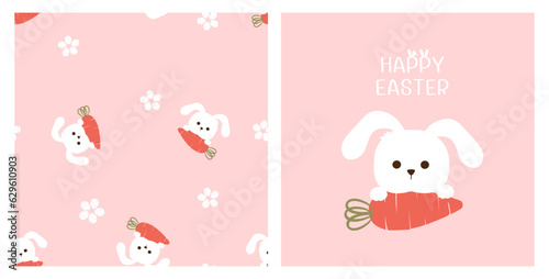 Seamless pattern with bunny rabbit cartoons, carrot and cute flower on pink background vector illustration.