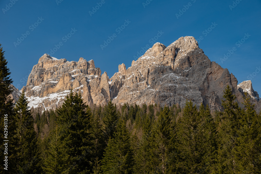 landscape in the dolomites high orange mountain blue sky